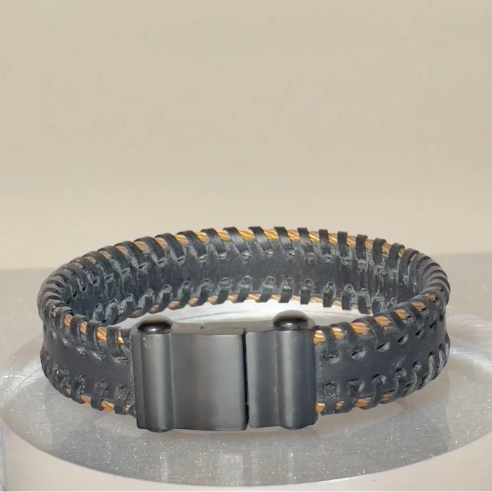 INOX Black Leather & Woven Gold Stainless Steel Cable Bracelet w/Magnetic Clasp